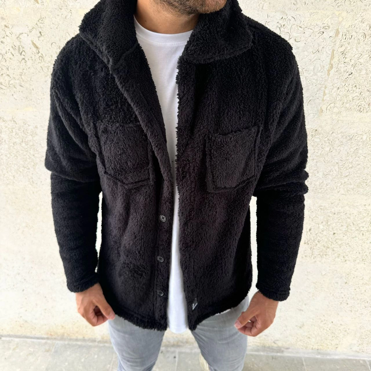 Erkek Pelüş Polar Hırka Gömlek – Yakalı, İlik Düğmeli, Göğüs Cepli, Yumuşak Dokulu Kışlık Regular Fit Rahat Günlük Model - Siyah