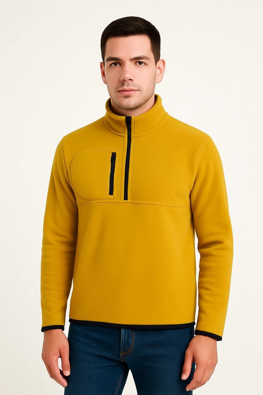 Erkek Polar Kazak – Dik Yaka, Yarım Fermuarlı, Fermuarlı Göğüs Cepli, Siyah Biyeli, Kışlık Rahat Regular Fit Günlük Model - Sarı