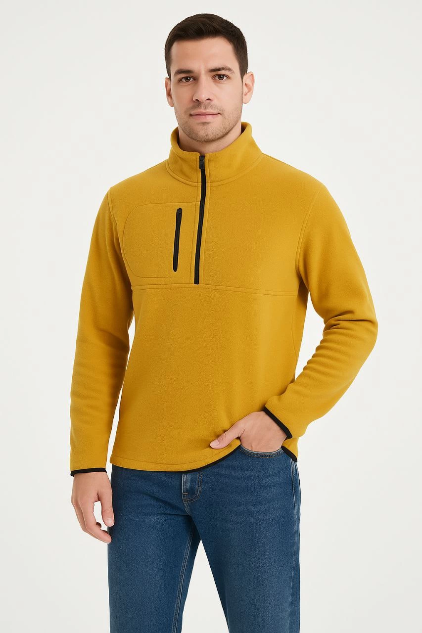 Erkek Polar Kazak – Dik Yaka, Yarım Fermuarlı, Fermuarlı Göğüs Cepli, Siyah Biyeli, Kışlık Rahat Regular Fit Günlük Model - Sarı