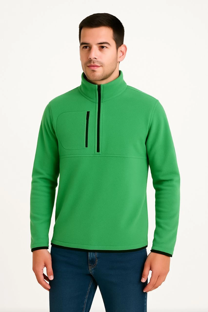 Erkek Polar Kazak – Dik Yaka, Yarım Fermuarlı, Fermuarlı Göğüs Cepli, Siyah Biyeli, Kışlık Rahat Regular Fit Günlük Model - Yeşil