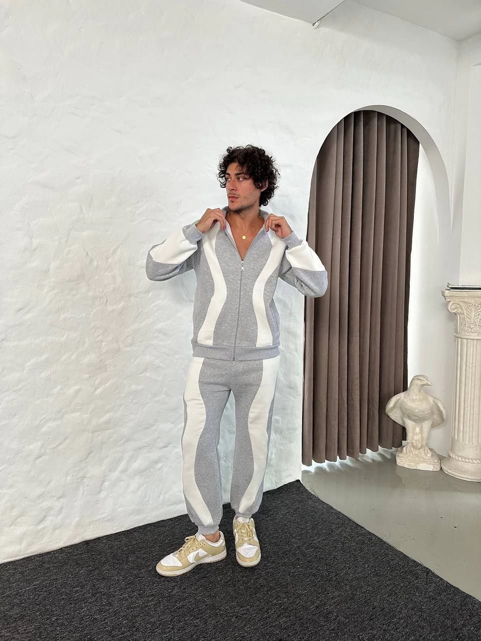 Erkek Premium Parçalı Eşofman Takım - Dik Yaka Fermuarlı Sweatshirt, - Gri