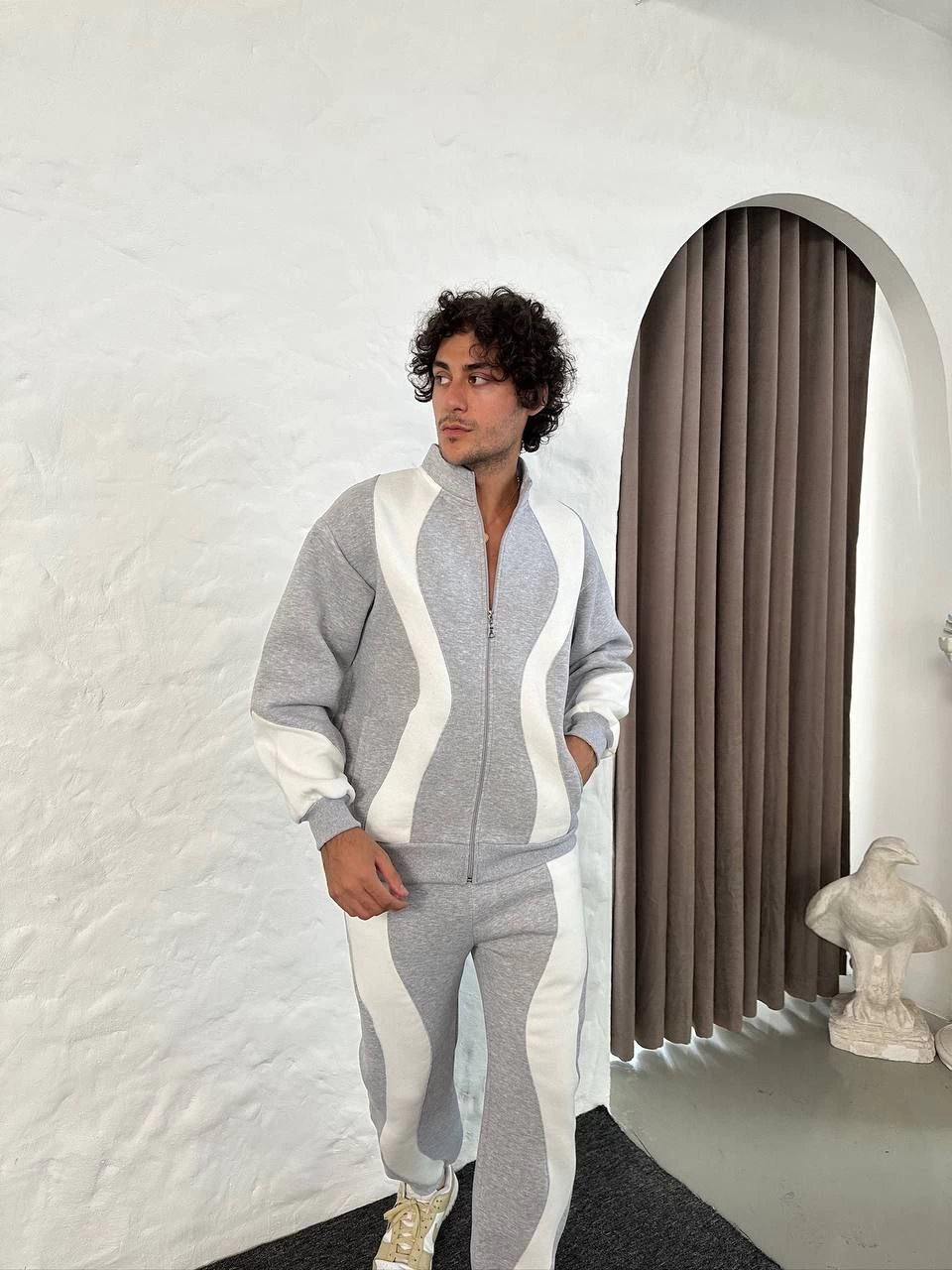 Erkek Premium Parçalı Eşofman Takım - Dik Yaka Fermuarlı Sweatshirt, - Gri