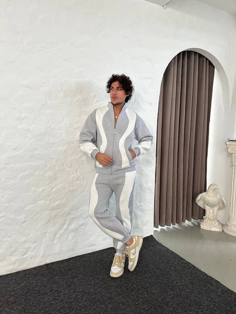 Erkek Premium Parçalı Eşofman Takım - Dik Yaka Fermuarlı Sweatshirt, - Gri