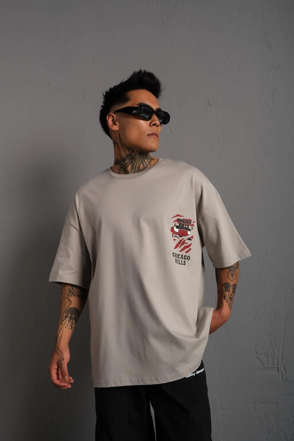 Erkek Sırt Baskılı A Kalite Oversize T-shirt - Gri