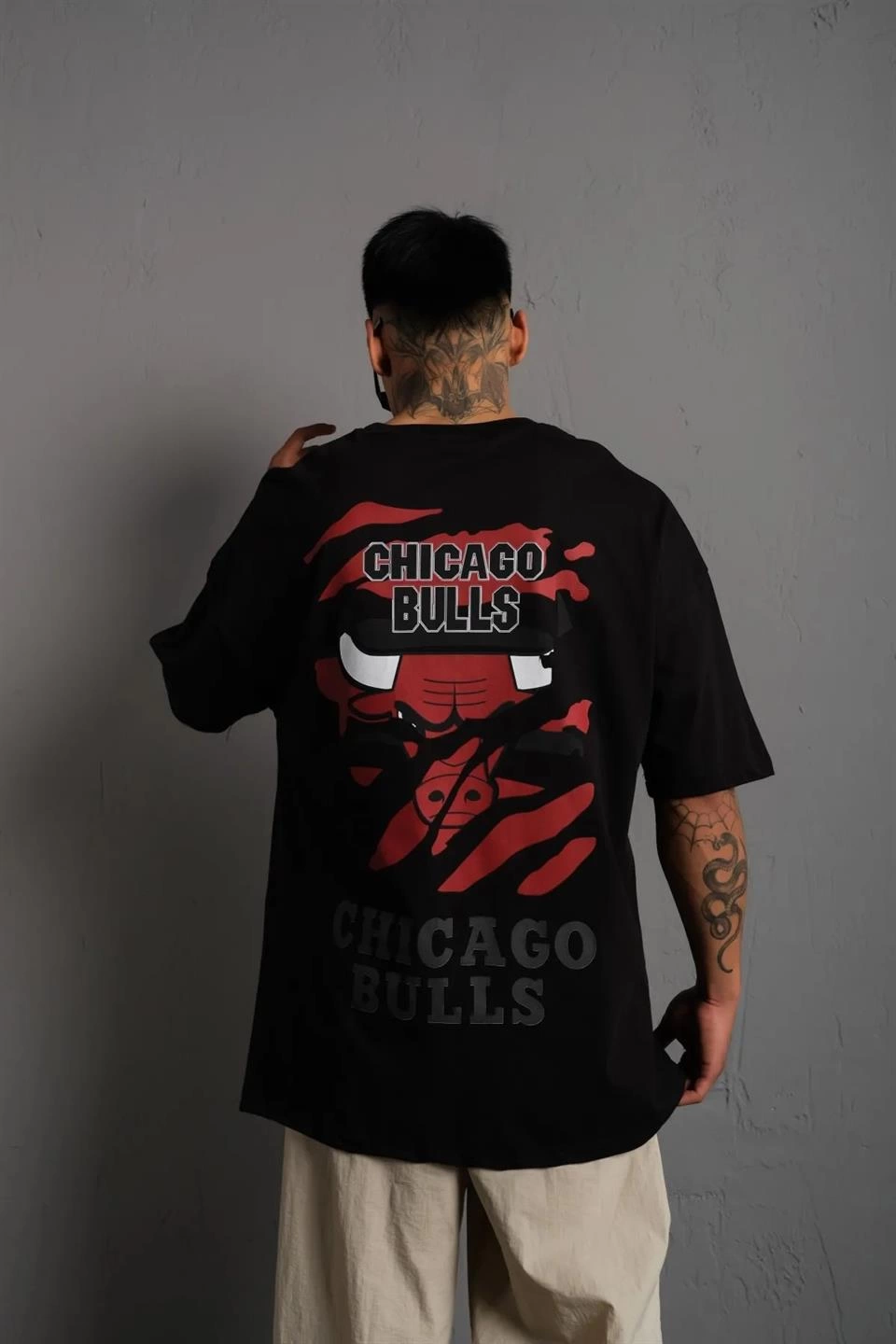 Erkek Sırt Baskılı A Kalite Oversize T-shirt - Siyah