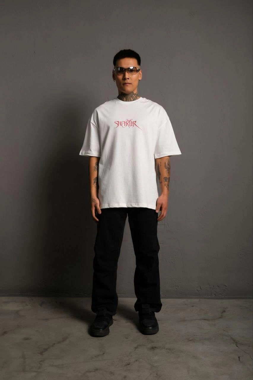 Erkek Oversize Tişört – Beyaz 24/1 Penye Kumaş, Bisiklet Yaka, Ön & Arka Baskılı, Streetwear Tarzı Rahat Büyük Kalıp T-Shirt- Beyaz