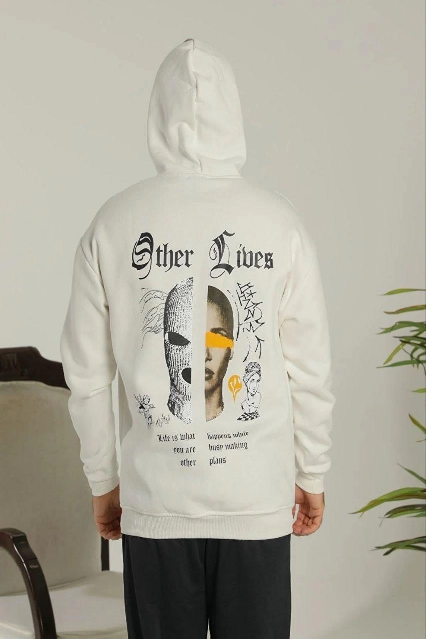 Erkek Kapşonlu Sweatshirt – Oversize Üç İplik Şardonlu Hoodie, “Other Lives” Ön & Arka Baskılı, Kanguru Cepli, Kışlık Rahat Günlük Stil - Beyaz