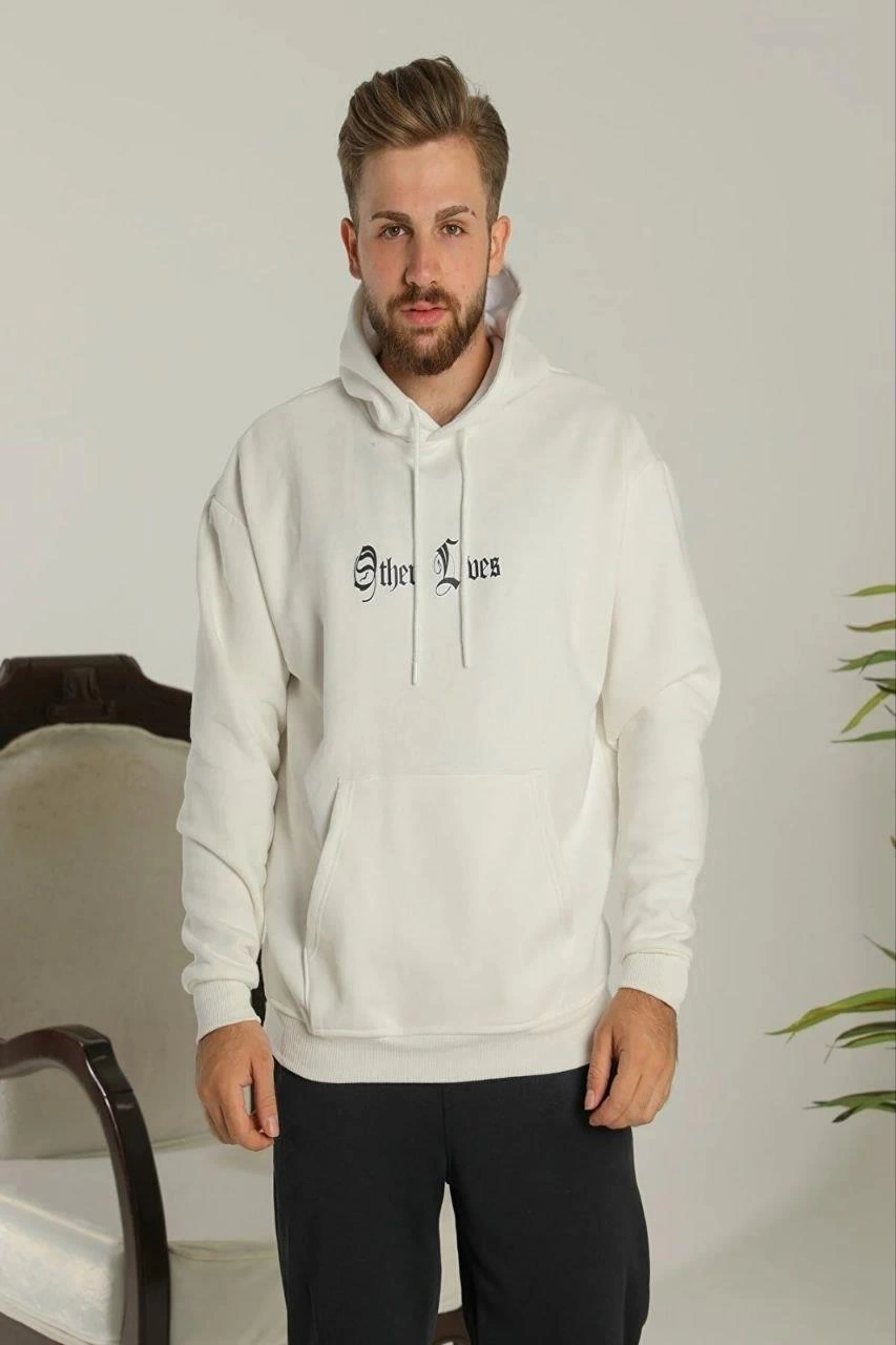Erkek Kapşonlu Sweatshirt – Oversize Üç İplik Şardonlu Hoodie, “Other Lives” Ön & Arka Baskılı, Kanguru Cepli, Kışlık Rahat Günlük Stil - Beyaz