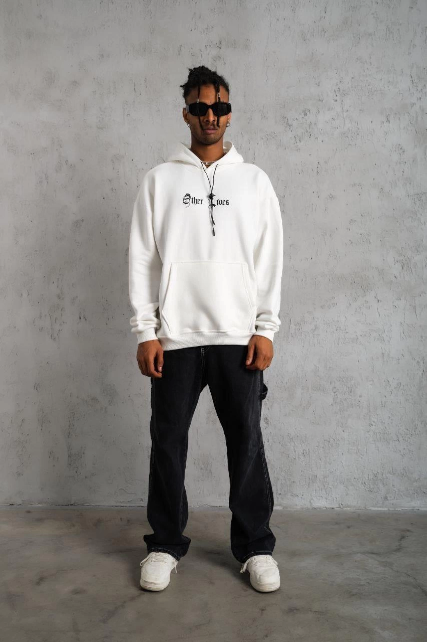 Erkek Kapşonlu Sweatshirt – Oversize Üç İplik Şardonlu Hoodie, “Other Lives” Ön & Arka Baskılı, Kanguru Cepli, Kışlık Rahat Günlük Stil - Beyaz