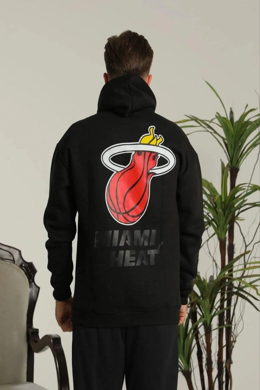 Erkek Oversize Üç İplik Kapüşonlu Sweatshirt –Sırt ve Ön Baskılı, Kanguru Cepli, Rahat Kalıp Maskot Desenli Model - Siyah