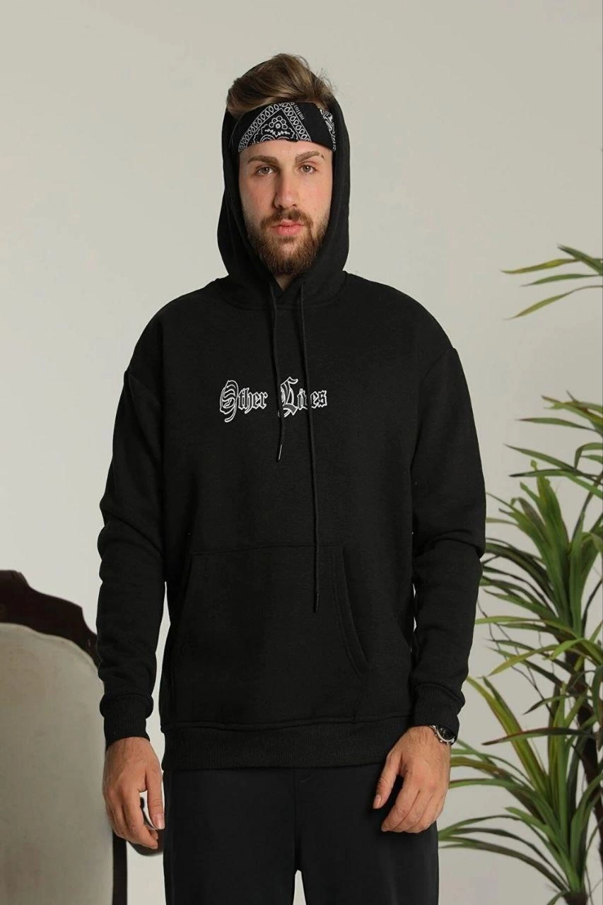 Erkek Kapşonlu Sweatshirt – Oversize Üç İplik Şardonlu Hoodie, “Other Lives” Ön & Arka Baskılı, Kanguru Cepli, Kışlık Rahat Günlük Stil - Siyah