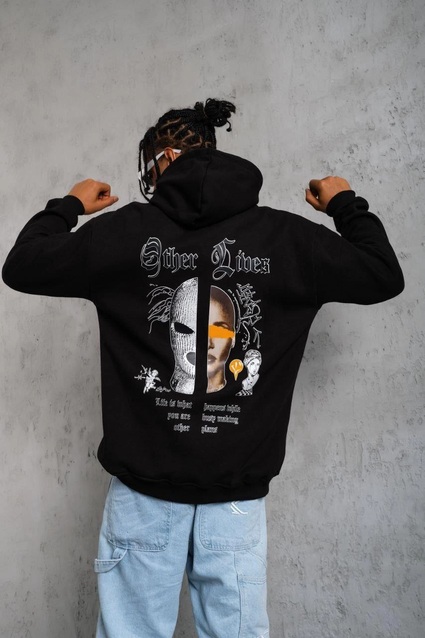 Erkek Kapşonlu Sweatshirt – Oversize Üç İplik Şardonlu Hoodie, “Other Lives” Ön & Arka Baskılı, Kanguru Cepli, Kışlık Rahat Günlük Stil - Siyah
