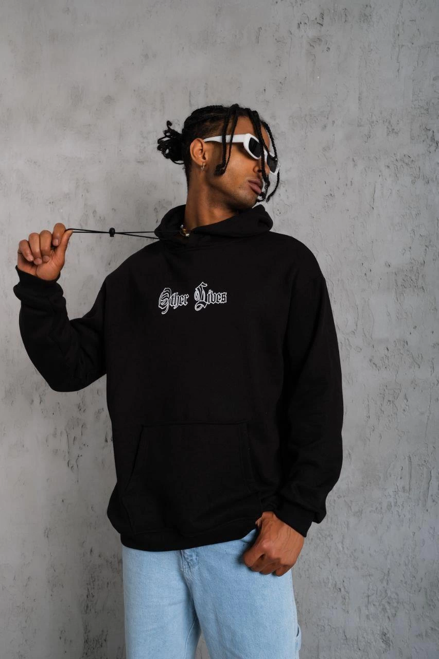 Erkek Kapşonlu Sweatshirt – Oversize Üç İplik Şardonlu Hoodie, “Other Lives” Ön & Arka Baskılı, Kanguru Cepli, Kışlık Rahat Günlük Stil - Siyah