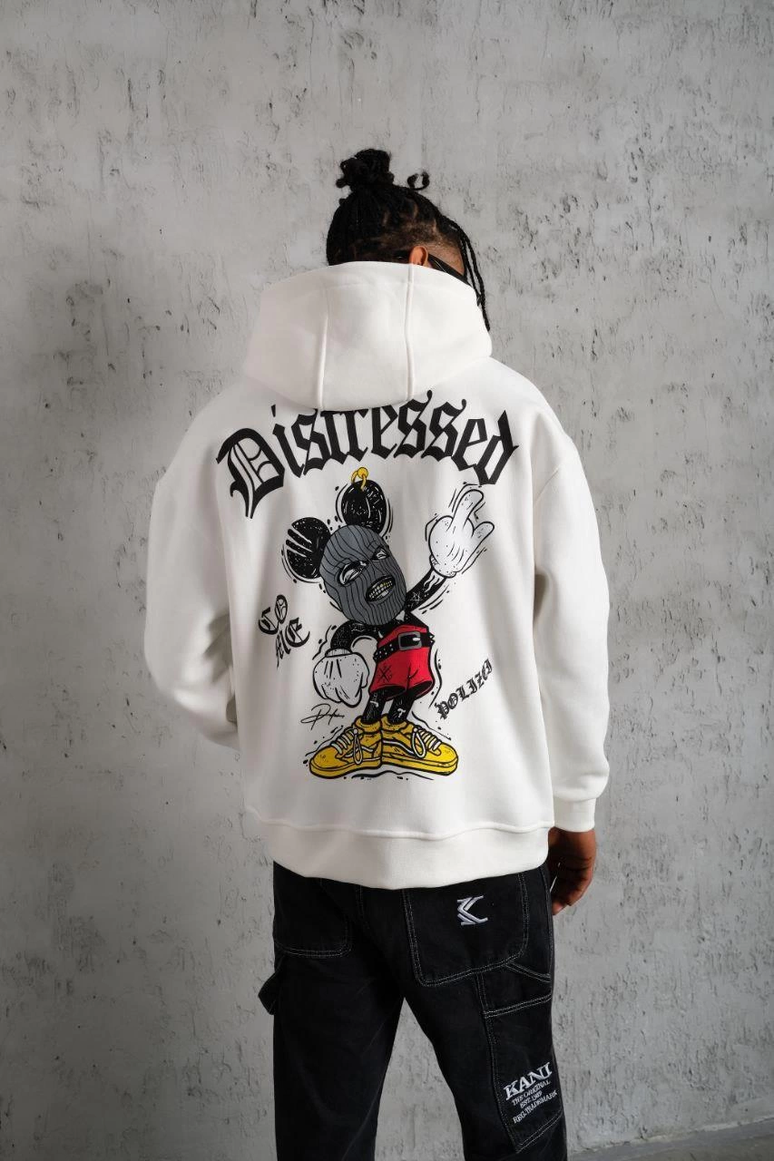 Erkek Üç İplik Baskılı Kapüşonlu Sweat - Beyaz