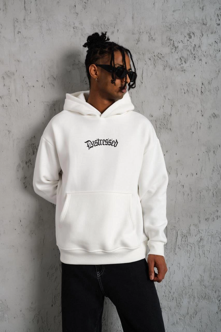 Erkek Üç İplik Baskılı Kapüşonlu Sweat - Beyaz