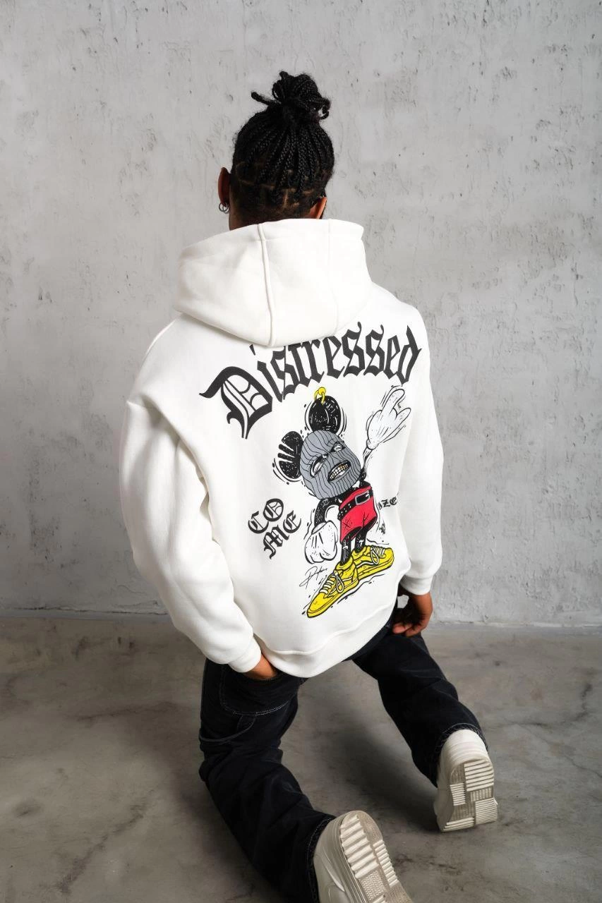 Erkek Üç İplik Baskılı Kapüşonlu Sweat - Beyaz