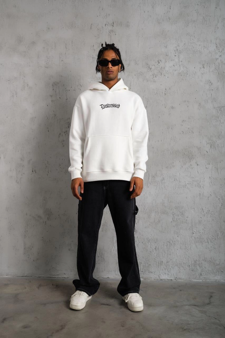Erkek Üç İplik Baskılı Kapüşonlu Sweat - Beyaz