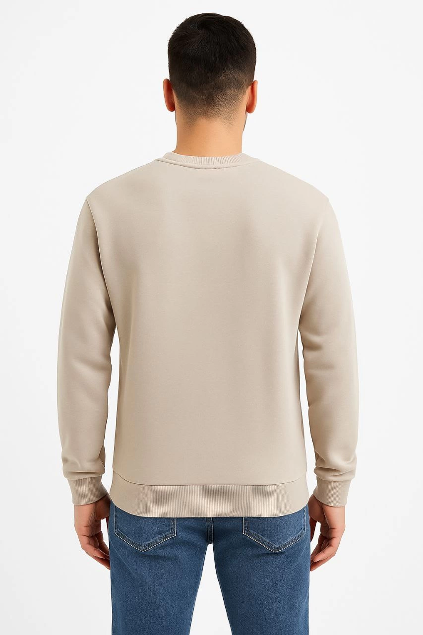 Erkek Üç İplik Düz Bisiklet Yaka SweatShirt - Bej