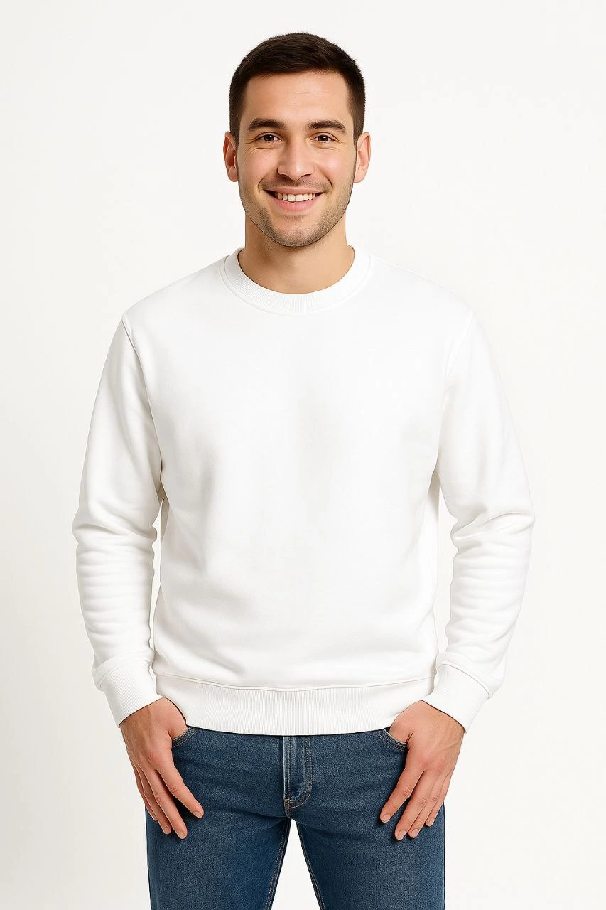 Erkek Üç İplik Düz Bisiklet Yaka SweatShirt - Beyaz