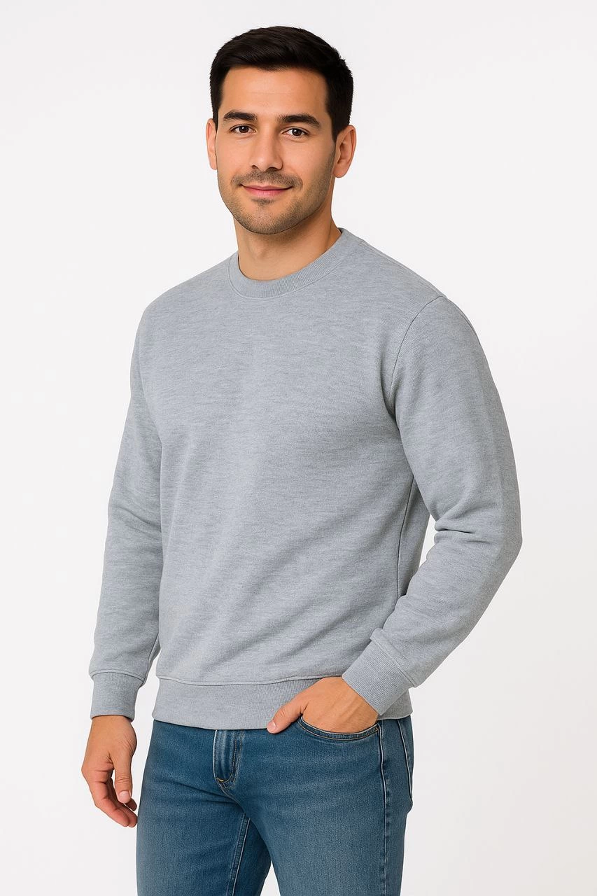 Erkek Üç İplik Düz Bisiklet Yaka SweatShirt - Gri