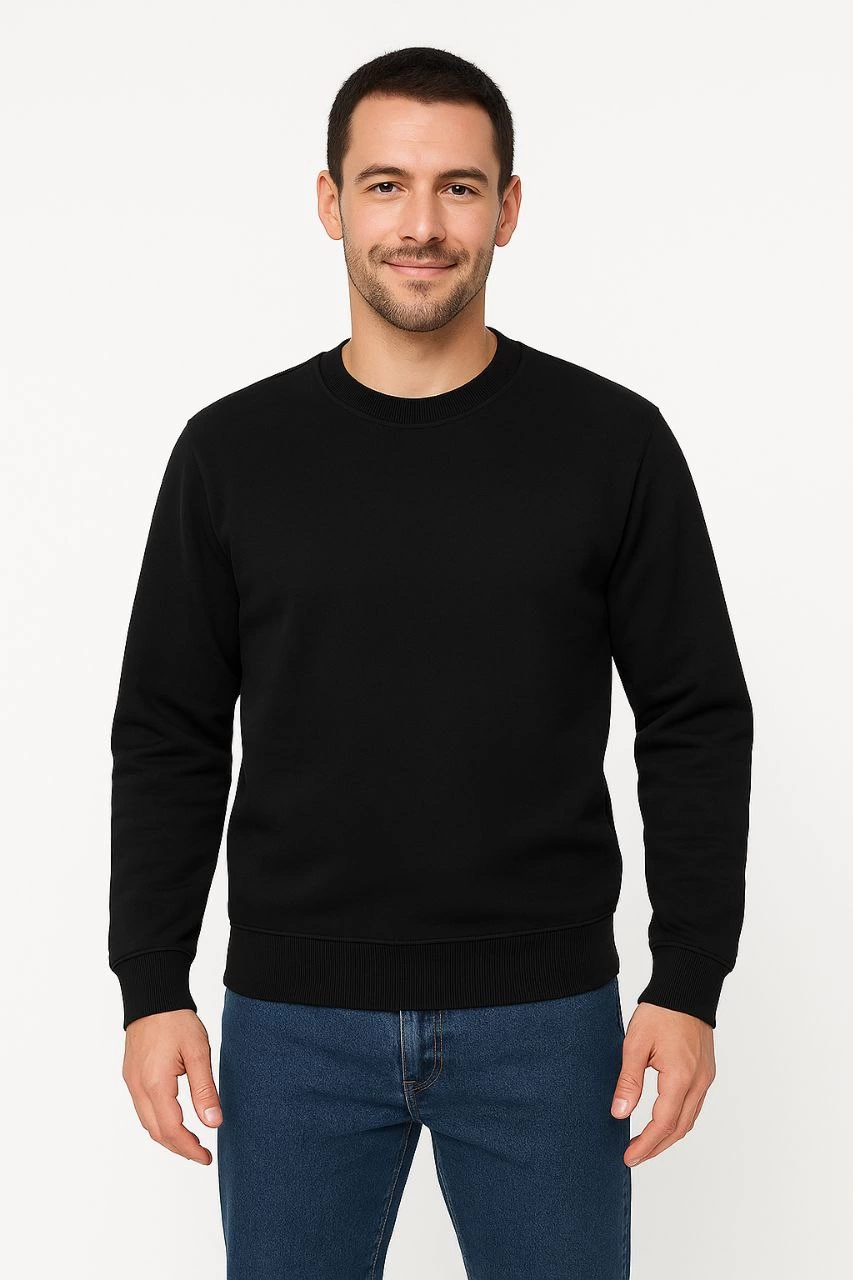 Erkek Üç İplik Düz Bisiklet Yaka SweatShirt - Siyah