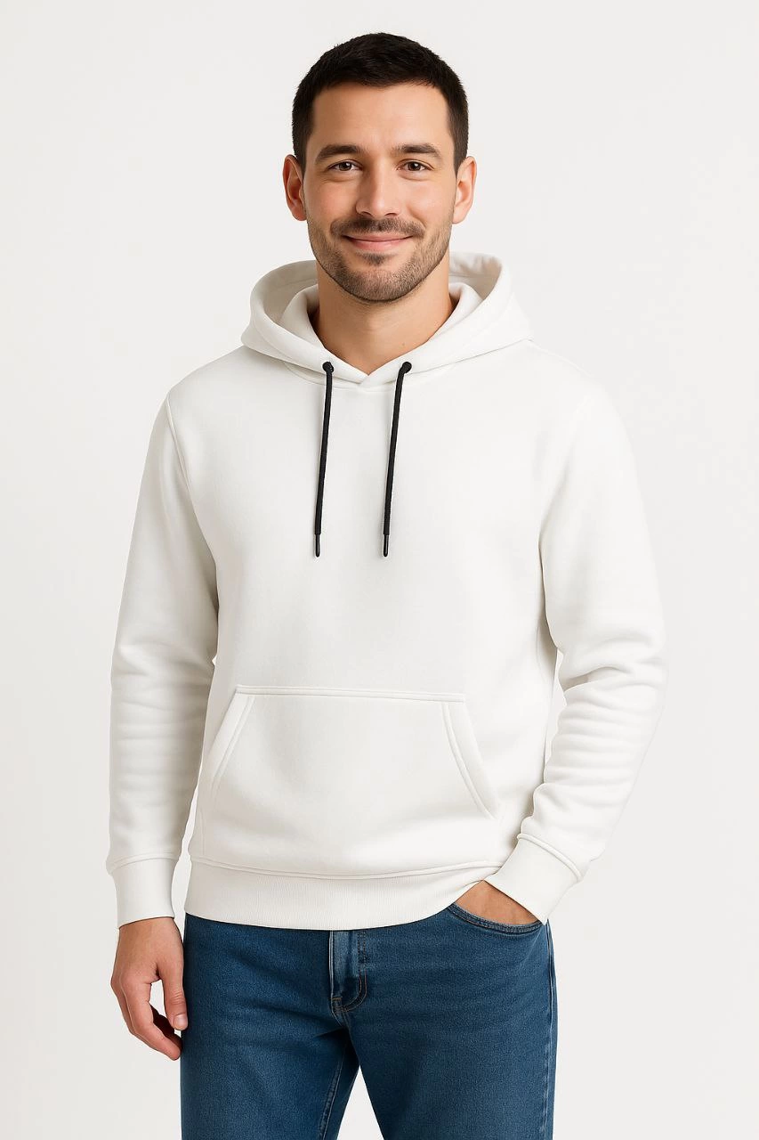Erkek Üç İplik Kapüşonlu Kanguru Cepli SweatShirt hoodie - Beyaz