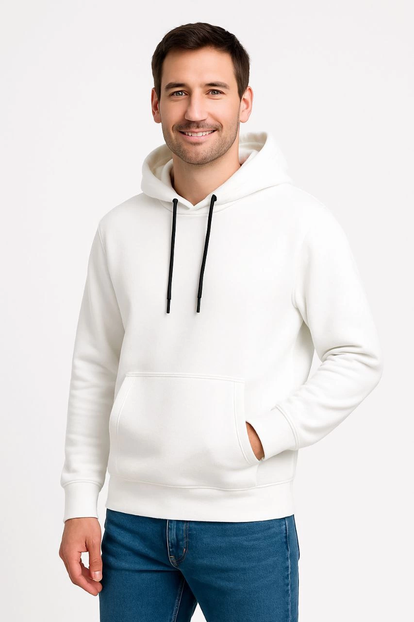 Erkek Üç İplik Kapüşonlu Kanguru Cepli SweatShirt hoodie - Beyaz