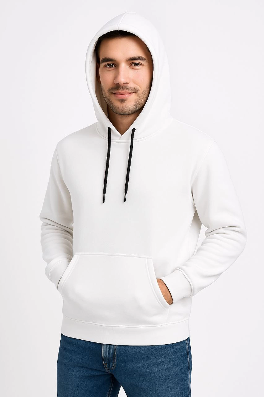 Erkek Üç İplik Kapüşonlu Kanguru Cepli SweatShirt hoodie - Beyaz