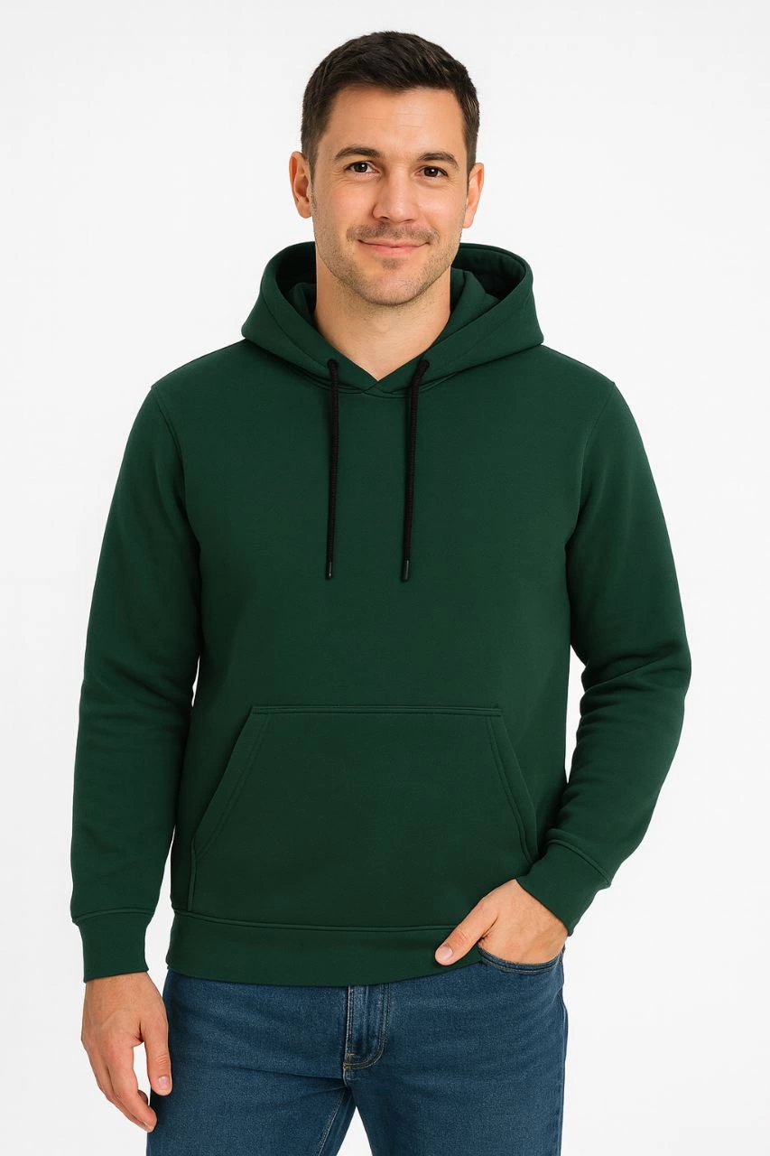 Erkek Üç İplik Kapüşonlu Kanguru Cepli SweatShirt hoodie - Haki