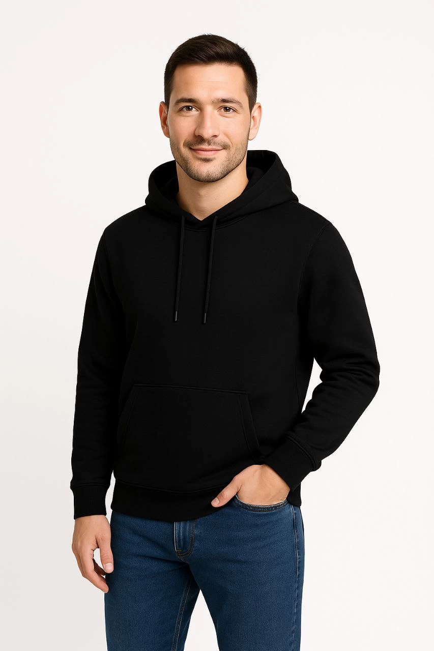 Erkek Üç İplik Kapüşonlu Kanguru Cepli SweatShirt hoodie - Siyah