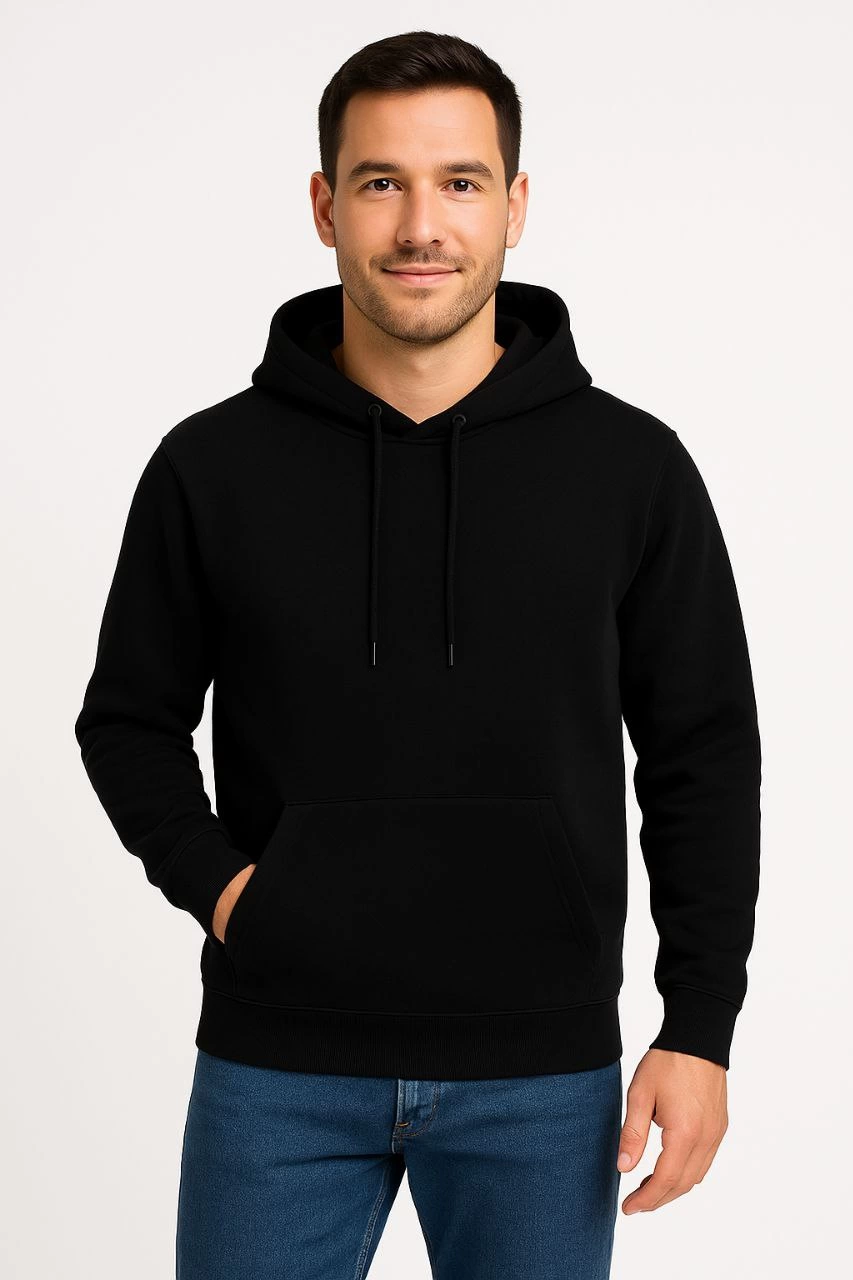 Erkek Üç İplik Kapüşonlu Kanguru Cepli SweatShirt hoodie - Siyah