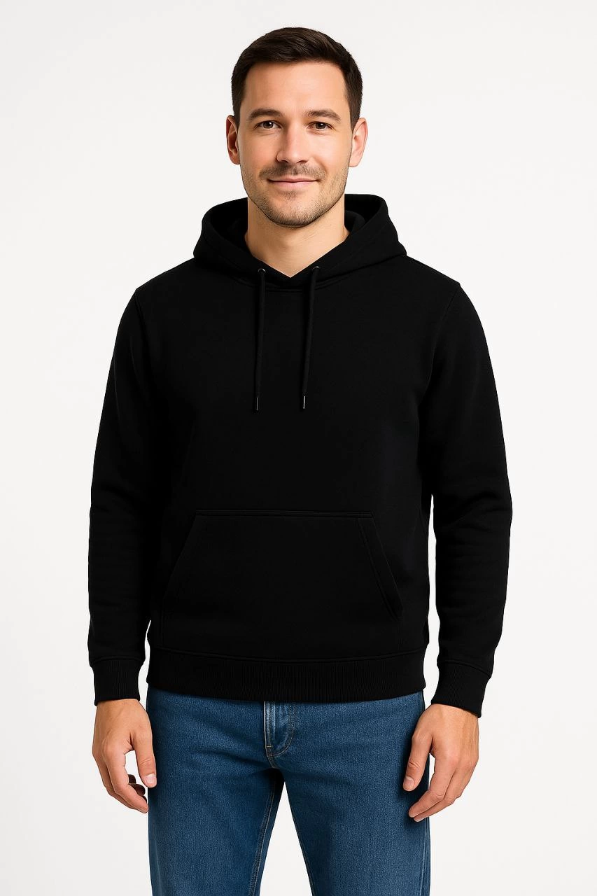 Erkek Üç İplik Kapüşonlu Kanguru Cepli SweatShirt hoodie - Siyah