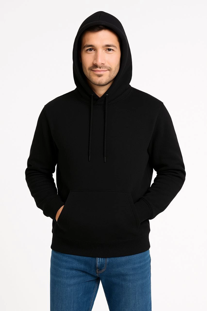 Erkek Üç İplik Kapüşonlu Kanguru Cepli SweatShirt hoodie - Siyah