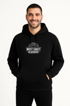 Erkek Kapşonlu Sweatshirt – Oversize Üç İplik Şardonlu Hoodie, “West Coast Classics” Ön & Arka Baskılı, Kanguru Cepli Kışlık Günlük Stil - Siyah