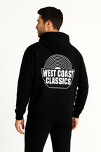 Erkek Kapşonlu Sweatshirt – Oversize Üç İplik Şardonlu Hoodie, “West Coast Classics” Ön & Arka Baskılı, Kanguru Cepli Kışlık Günlük Stil - Siyah