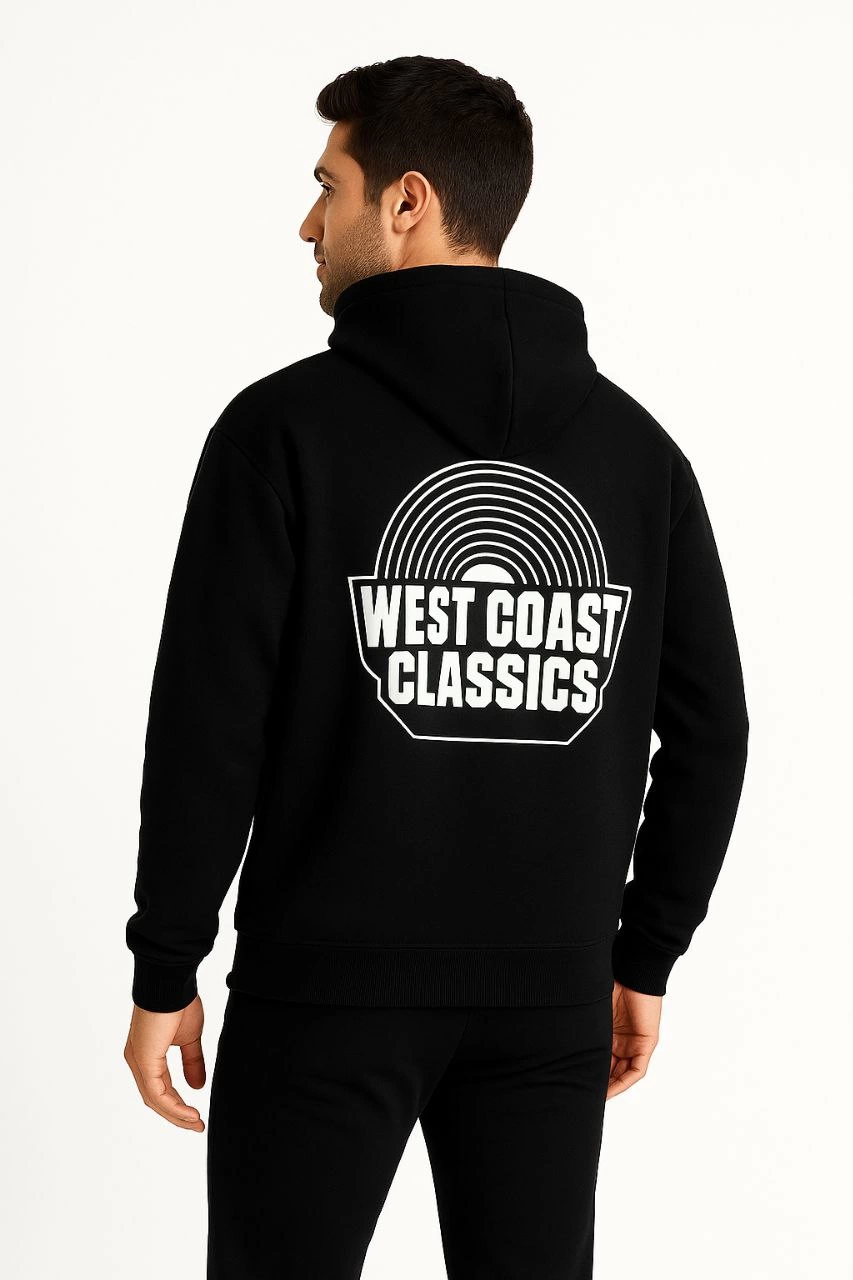 Erkek Kapşonlu Sweatshirt – Oversize Üç İplik Şardonlu Hoodie, “West Coast Classics” Ön & Arka Baskılı, Kanguru Cepli Kışlık Günlük Stil - Siyah