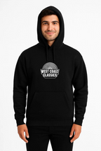 Erkek Kapşonlu Sweatshirt – Oversize Üç İplik Şardonlu Hoodie, “West Coast Classics” Ön & Arka Baskılı, Kanguru Cepli Kışlık Günlük Stil - Siyah