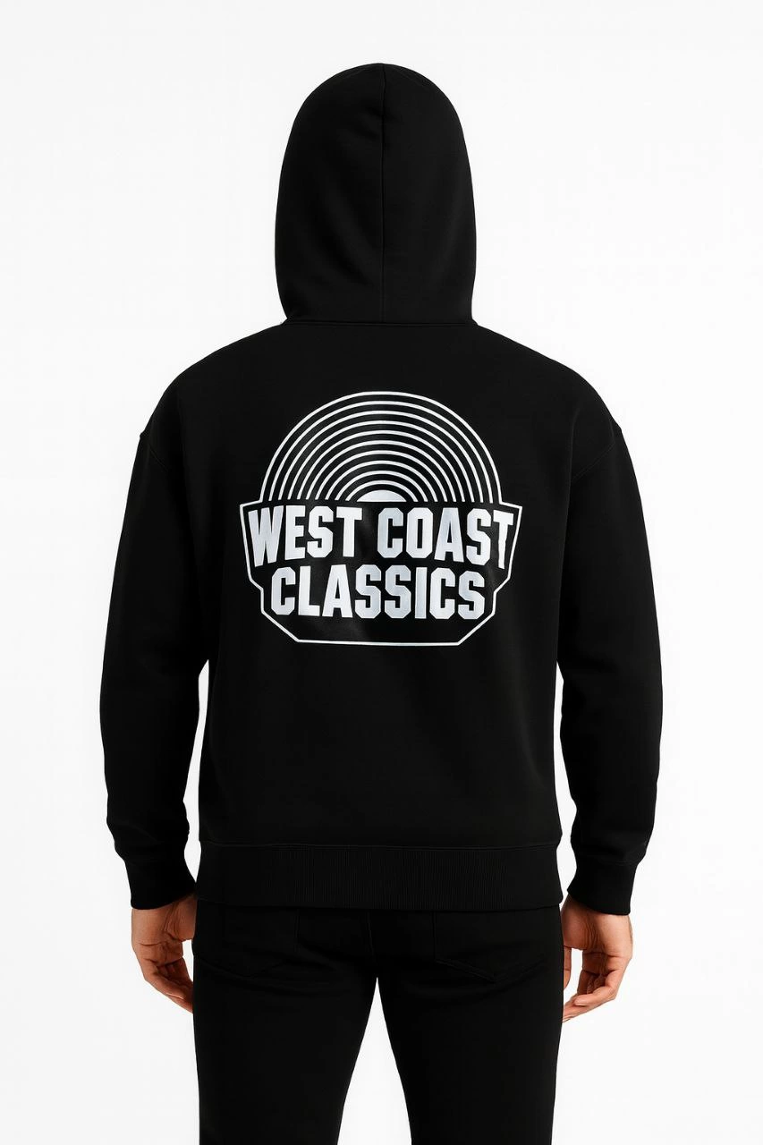 Erkek Kapşonlu Sweatshirt – Oversize Üç İplik Şardonlu Hoodie, “West Coast Classics” Ön & Arka Baskılı, Kanguru Cepli Kışlık Günlük Stil - Siyah