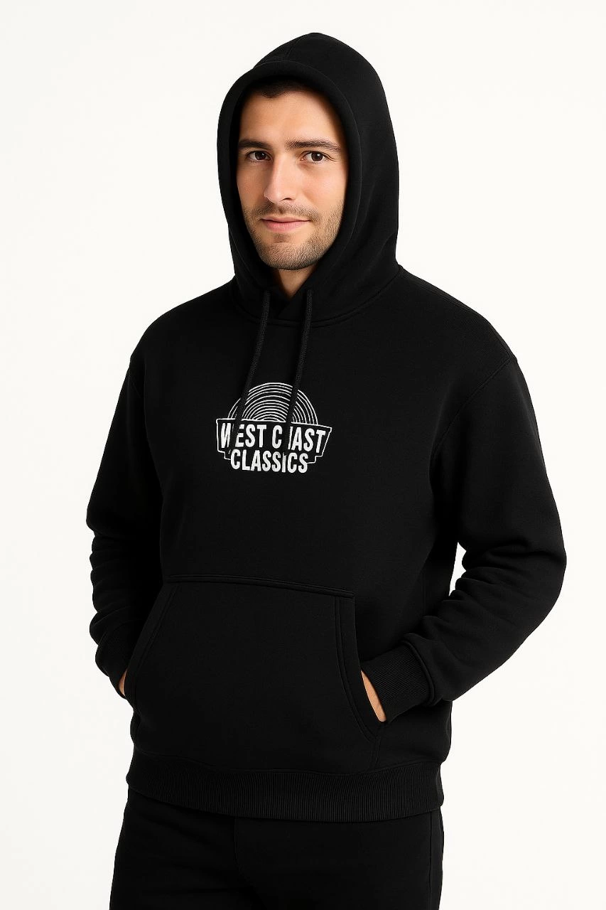 Erkek Kapşonlu Sweatshirt – Oversize Üç İplik Şardonlu Hoodie, “West Coast Classics” Ön & Arka Baskılı, Kanguru Cepli Kışlık Günlük Stil - Siyah
