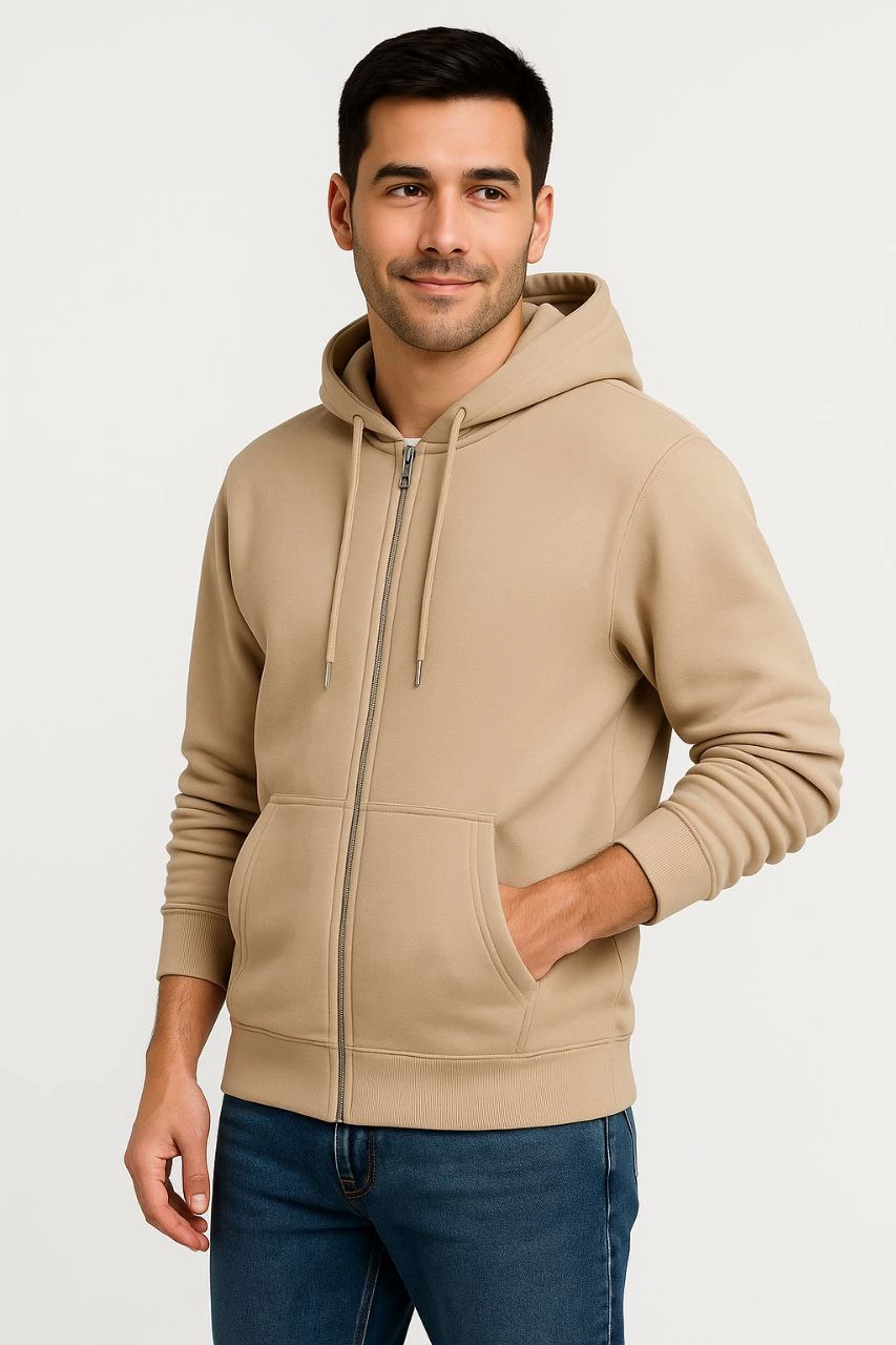 Erkek Üç İplik Kapüşonlu Tam Fermuarlı Kanguru Çepli SweatShirt Hoodie - Bej