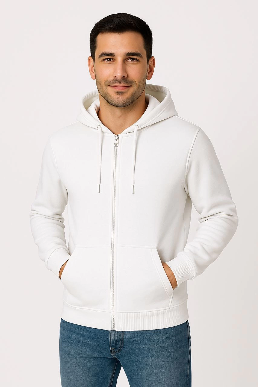 Erkek Üç İplik Kapüşonlu Tam Fermuarlı Kanguru Cepli SweatShirt Hoodie - Beyaz