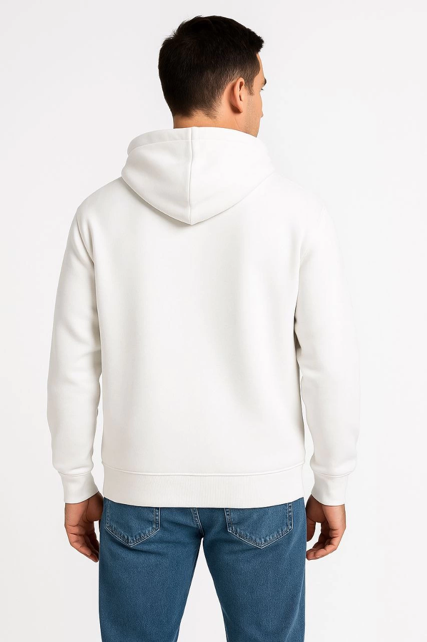 Erkek Üç İplik Kapüşonlu Tam Fermuarlı Kanguru Cepli SweatShirt Hoodie - Beyaz