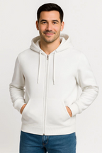 Erkek Üç İplik Kapüşonlu Tam Fermuarlı Kanguru Cepli SweatShirt Hoodie - Beyaz