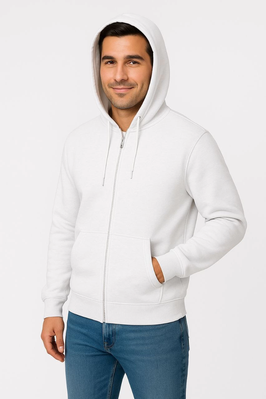Erkek Üç İplik Kapüşonlu Tam Fermuarlı Kanguru Cepli SweatShirt Hoodie - Beyaz