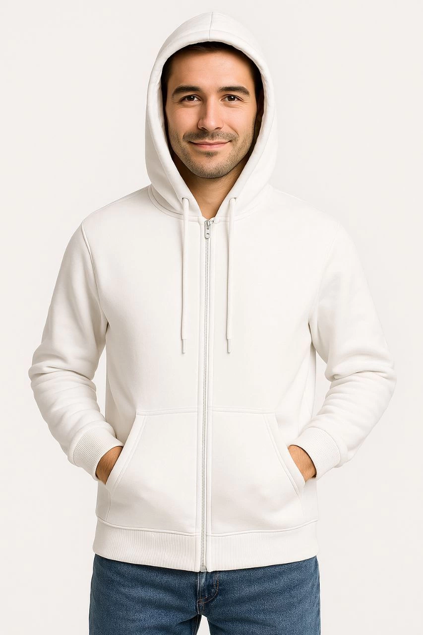 Erkek Üç İplik Kapüşonlu Tam Fermuarlı Kanguru Cepli SweatShirt Hoodie - Beyaz