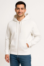 Erkek Üç İplik Kapüşonlu Tam Fermuarlı Kanguru Cepli SweatShirt Hoodie - Beyaz