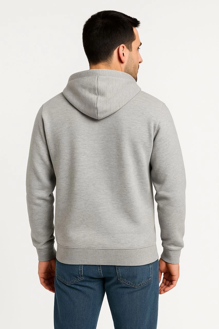 Erkek Üç İplik Kapüşonlu Tam Fermuarlı Kanguru Çepli SweatShirt Hoodie - Gri