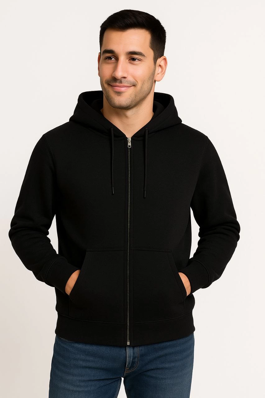 Erkek Üç İplik Kapüşonlu Tam Fermuarlı Kanguru Çepli SweatShirt Hoodie - Siyah