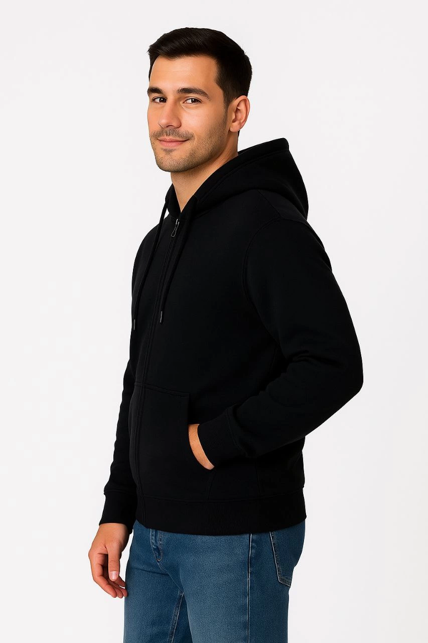 Erkek Üç İplik Kapüşonlu Tam Fermuarlı Kanguru Çepli SweatShirt Hoodie - Siyah