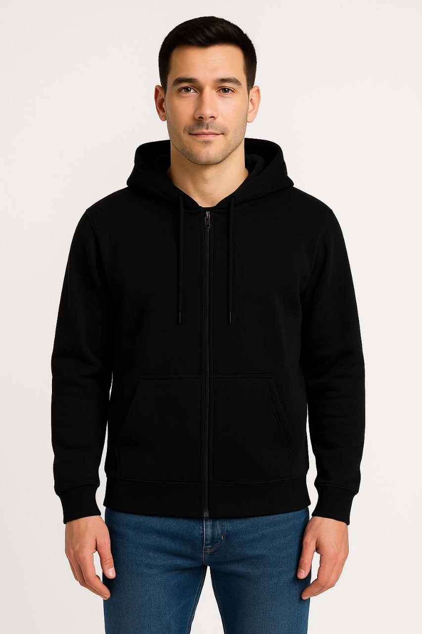 Erkek Üç İplik Kapüşonlu Tam Fermuarlı Kanguru Çepli SweatShirt Hoodie - Siyah